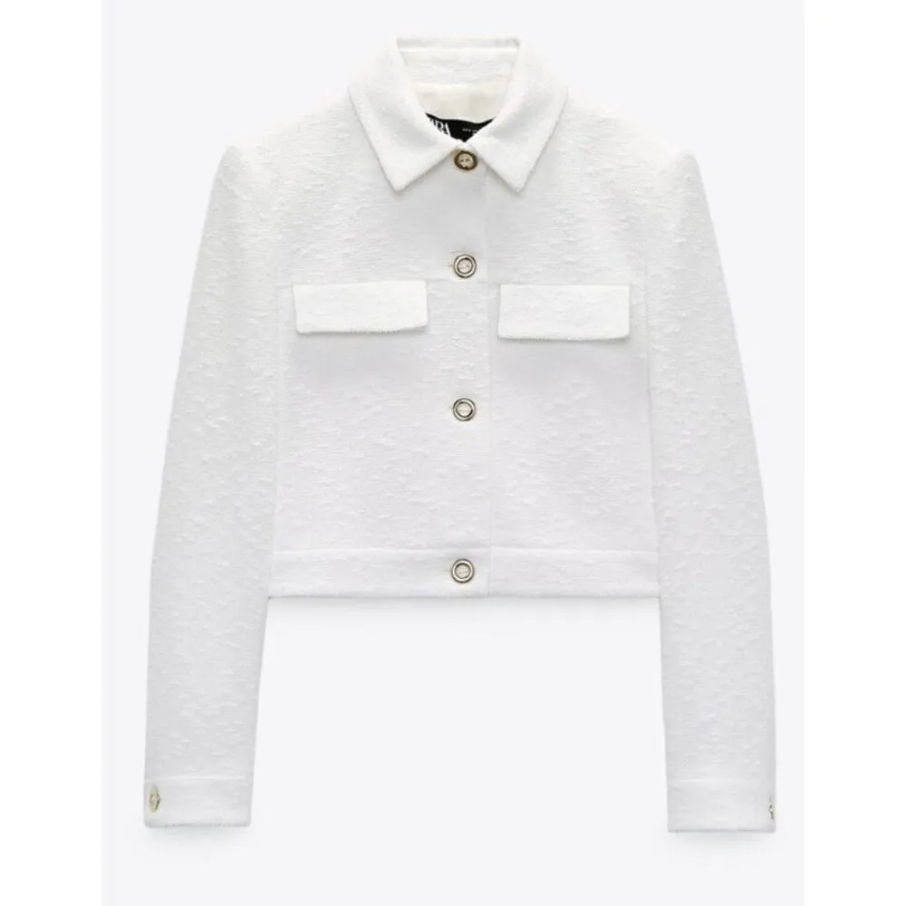 ZARA Textured Cropped Blazer with Gold Buttons In Oyster White Size M - Image 2