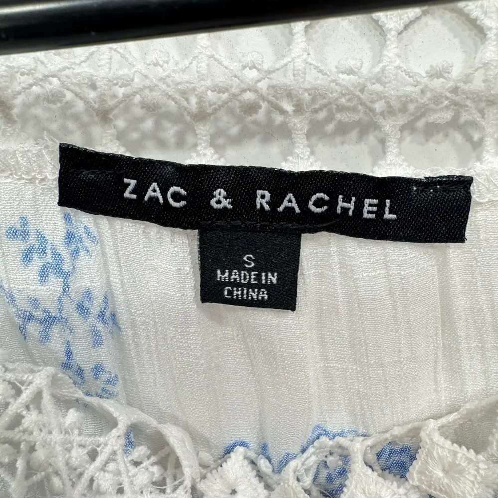 White & Blue Boho Floral Gauzy Crochet Lace Bell Sleeve Blouse by Zac & Rachel - Image 6