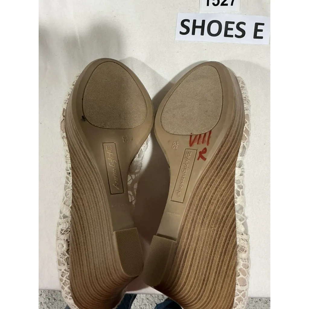 Womans American Eagle 8 1/2 Ivory Crochet Lace Open Toe Wedge Heel Shoe Slip On - Image 9