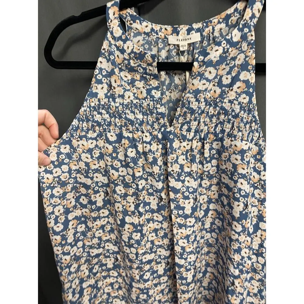 Pleione Blouse Top Womens Small Blue Floral Sleeveless Casual Hipster Preppy B67 - Image 3