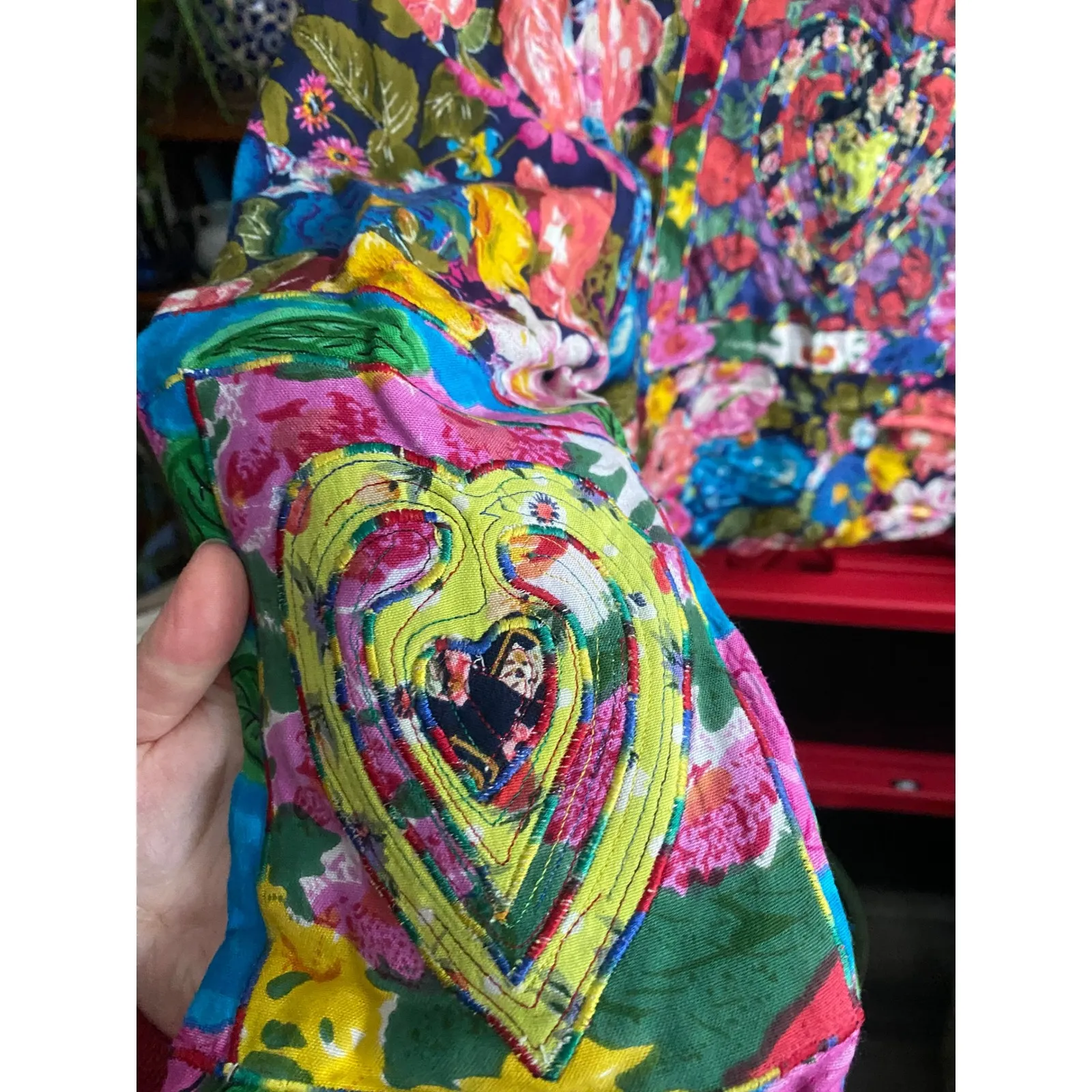 Vintage 1980's Patchwork Floral Heart Blazer Jacket Small Artsy Bohemian Folksy Blue - Image 9