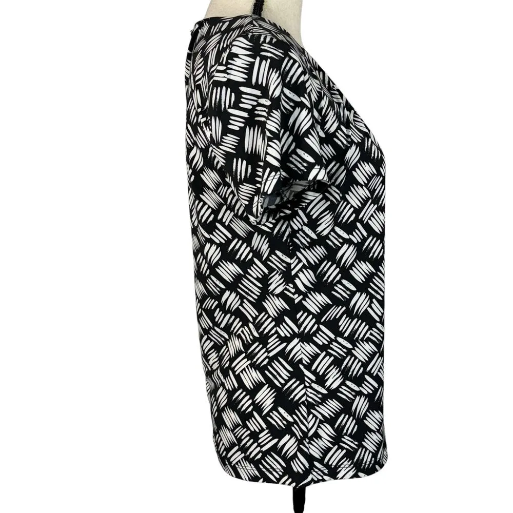 Calvin Klein Small Top Abstract Pleated Neck Stretch Short Sleeves Keyhole Black - Image 3