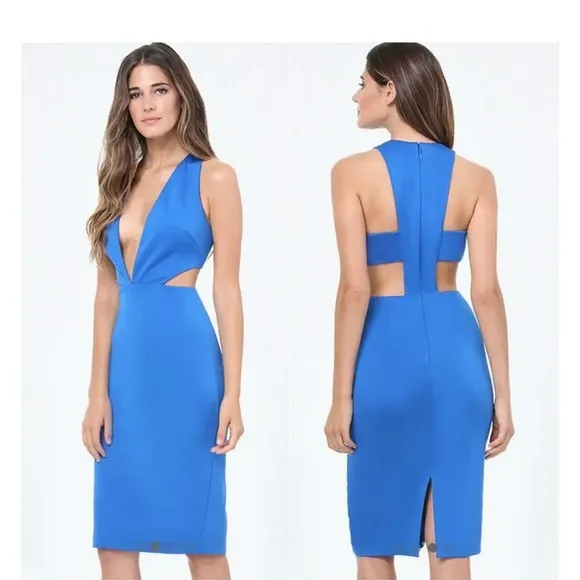 Bebe Fierce Deep V Plunge Side Cut Out Blue Ponte Dress Size S - Image 2