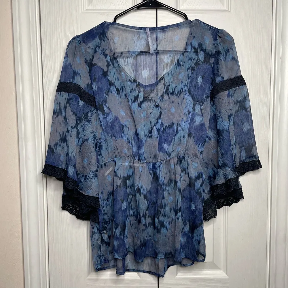 Womens Sheer Lace Floral Blouse Blue Lagenlook Size Small - Image 6