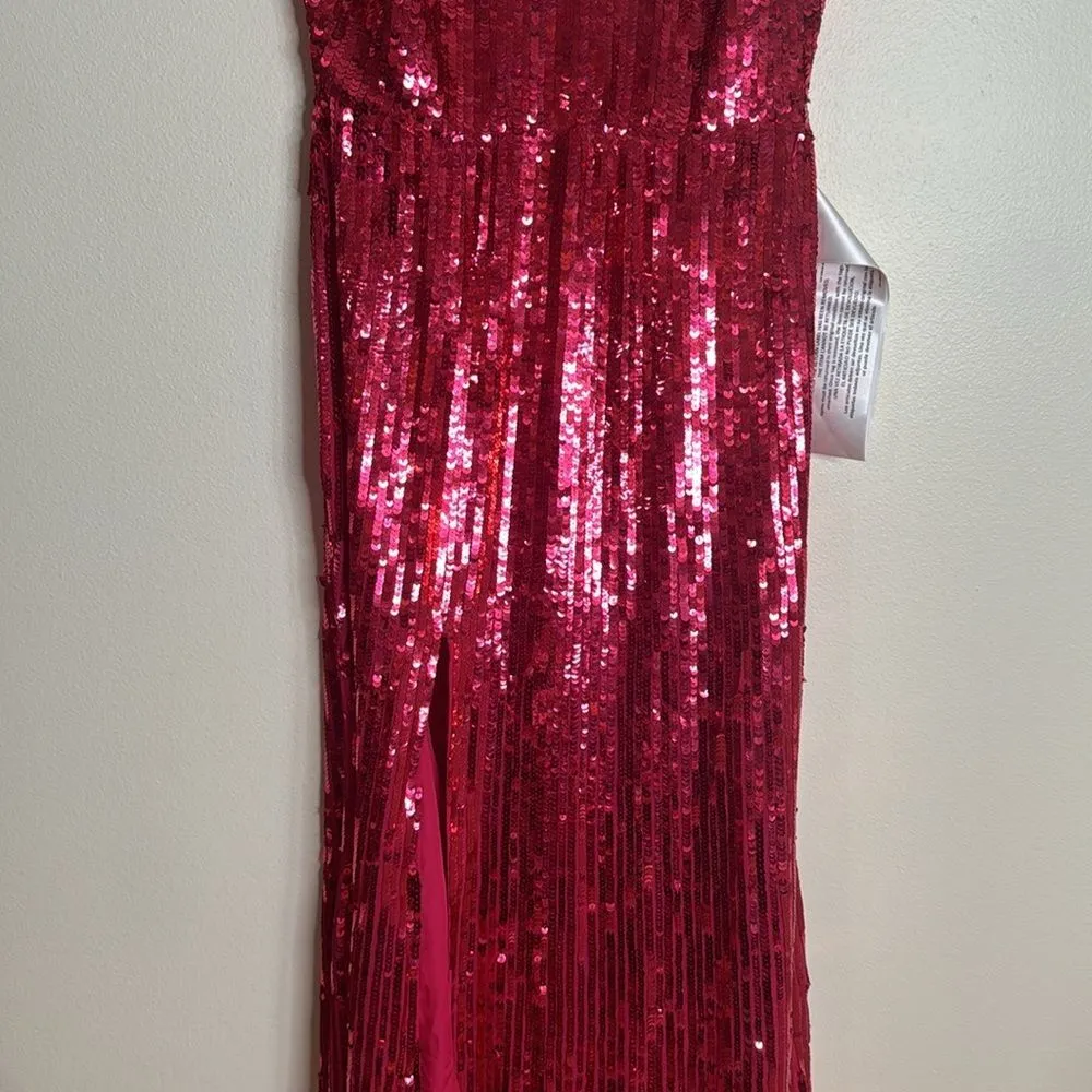 Mac Duggal SPAGHETTI STRAP V-NECK SLIP GOWN in lipstick sequins dress size 6 - Image 5