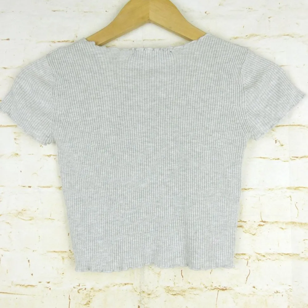 Brandy Melville Ribbed Crop Top Womens One Size Gray Lettuce Hem Short Sleeve - Image 7