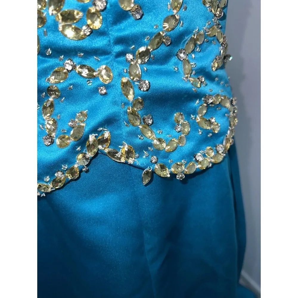Sherri Hill Prom Dress Size 4 Strapless Gold Beaded Turquoise Blue Mermaid Train - Image 4
