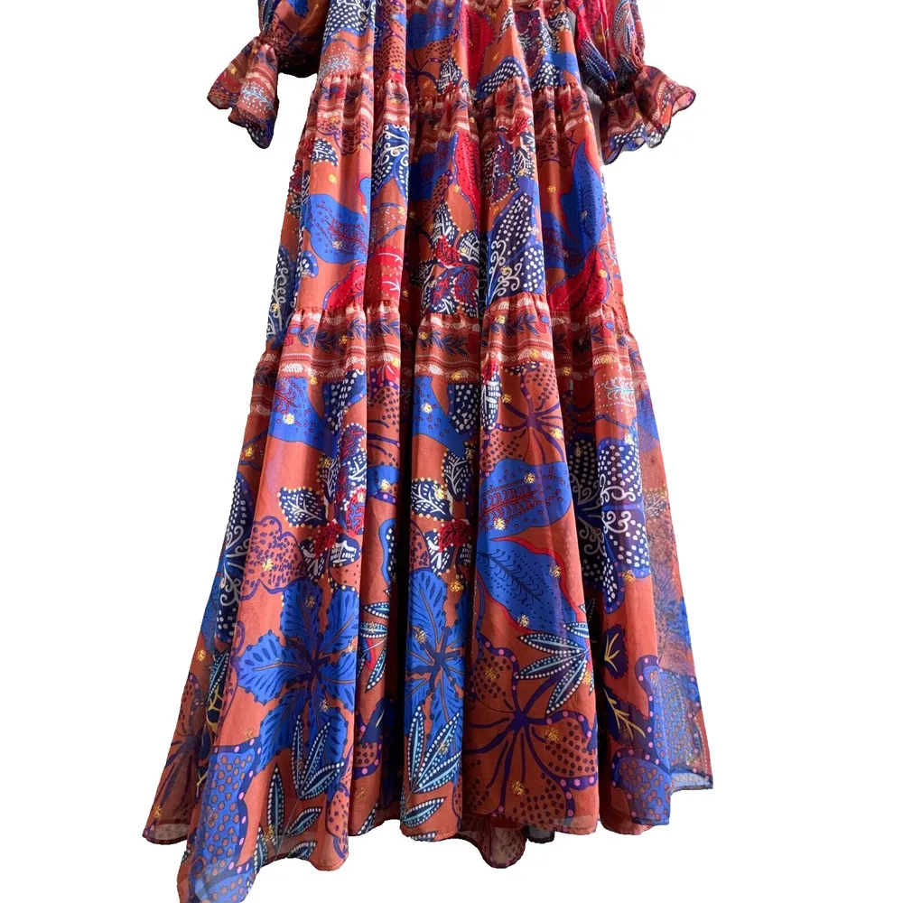 House of Harlow Maxi Tiered Floral Rustic Boho Long Sleeve Dress Size Small Orange - Image 14