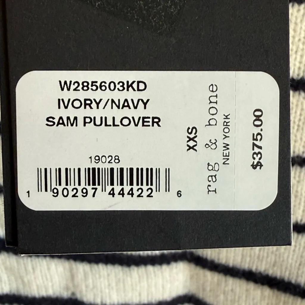 NWT 100% Wool Rag & Bone Sam White/Navy Striped Pullover, Sz XXS - Image 4