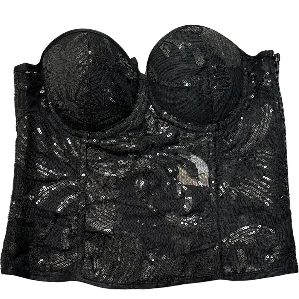 NWT Love J‎ Black Sequin Corset Top Women's Medium Polyester Spandex Solid - Image 2