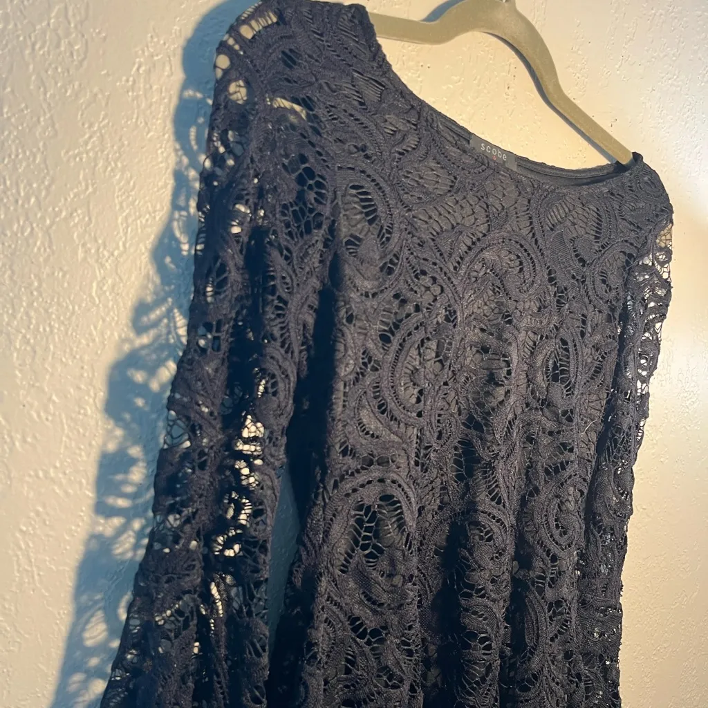 Black Asymmetrical Embellished 3/4 Sleeve Lace Blouse SZ S Petite Lingerie Y2K - Image 3