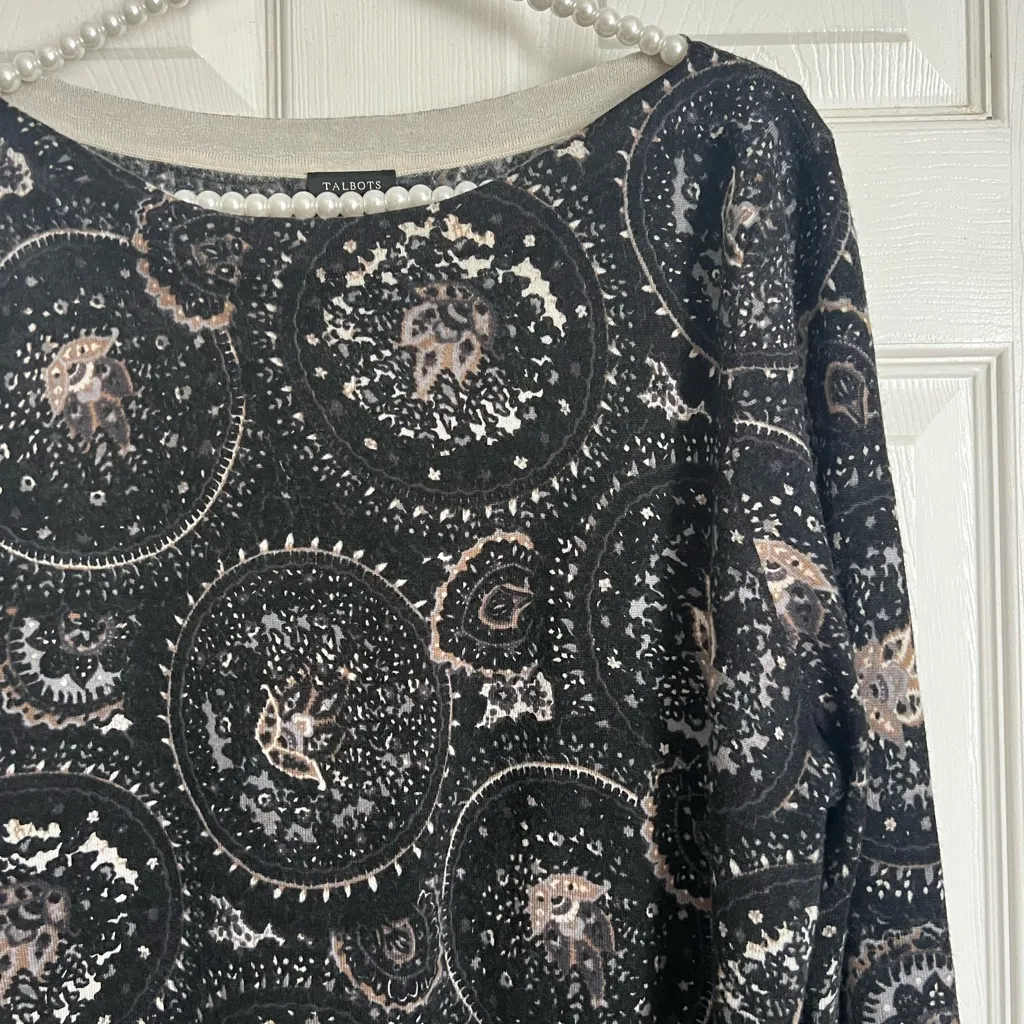 Talbots Printed wool sweater XL Black White Tan - Image 2