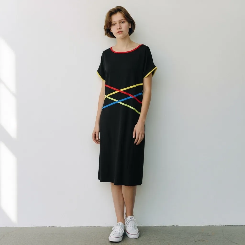 Citrine Shift Dress Women 12 Black Cap Sleeve Colorful Stripes Stretch Mod Retro - Image 3