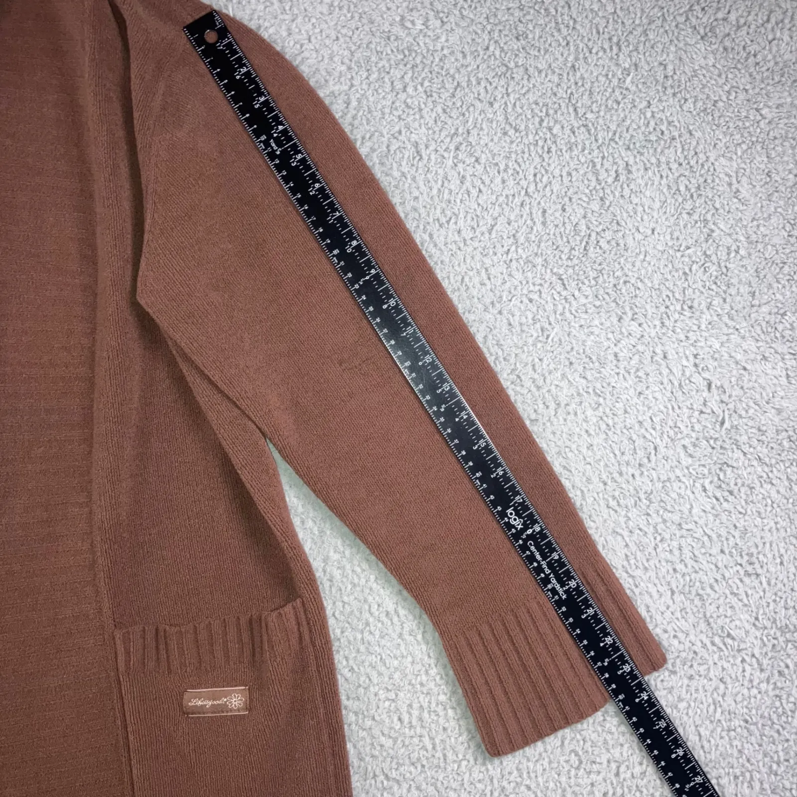 Women Open Front Longline Cardigan Shawl Collar Pockets L/XL Academia Neutral - Image 3