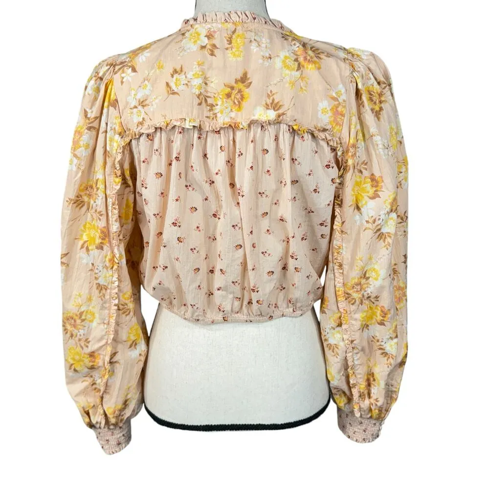 American Eagle Medium Crop Top Floral Button-Up Balloon Sleeves V-Neck Ruffle - Image 7