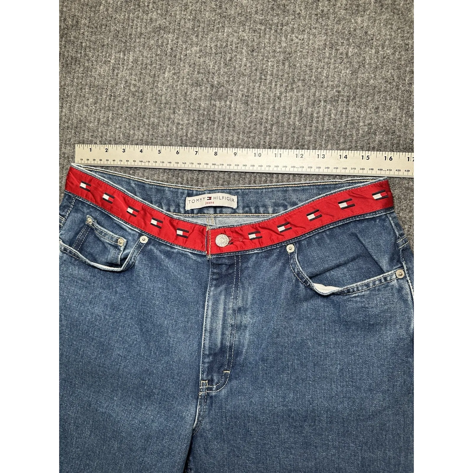 Vtg Tommy Hilfiger Jeans Logo Red Waist Band 2001 Stone Wash‎ Women's 12 - Image 4
