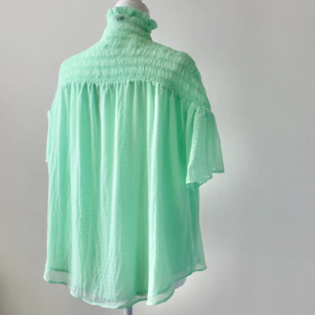 Ann Taylor Lime Green Sheer Smocked Turtleneck Flowy Blouse Top Small - Image 6
