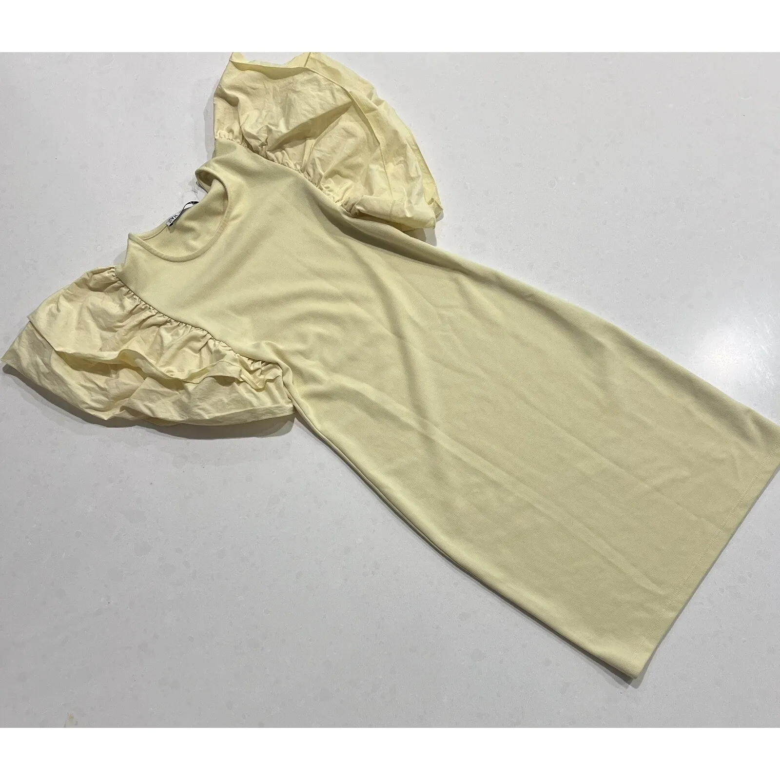 Zara Dress Women's Small Yellow Bodycon Dress Ruffle Puff Poplin Sleeve NWOT - Image 2