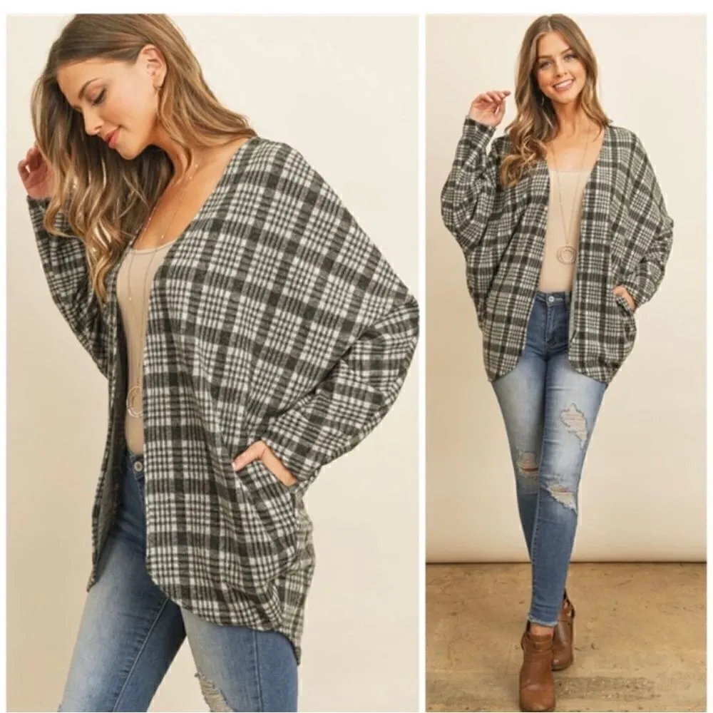 Riah Fashion Gray Open Plaid Cardigan with Pockets L - Image 6