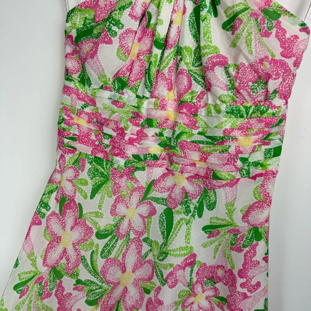 Lilly Pulitzer Floral Midi Dress Sz 2 Cotton Silk Blend Halter Neck Bow Tie Back - Image 6