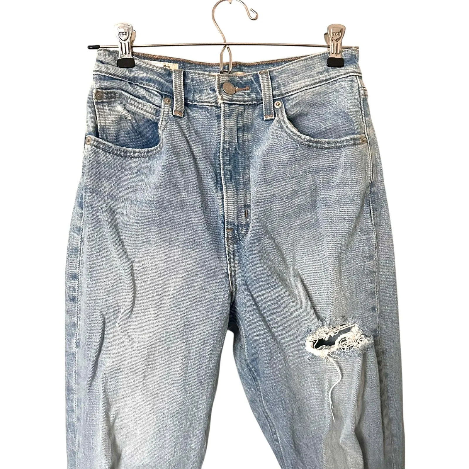 LEVIS 70s High Rise Flare Distressed Denim You and I Wash Sz 25 - Image 4