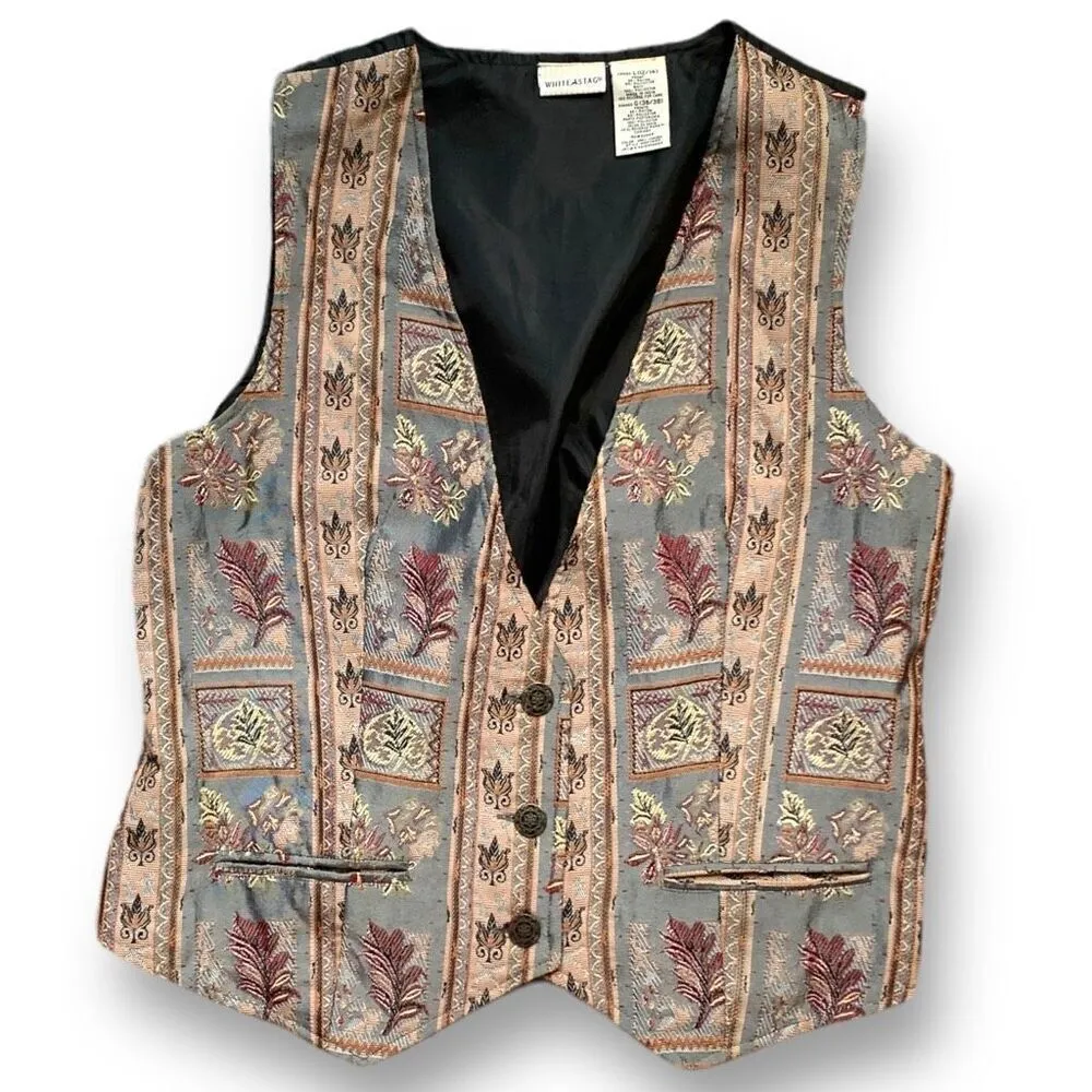 Vintage 80s Vest Autumn Leaves Tapestry Tailored Vneck Suit Waistcoat Tan Large - Image 8
