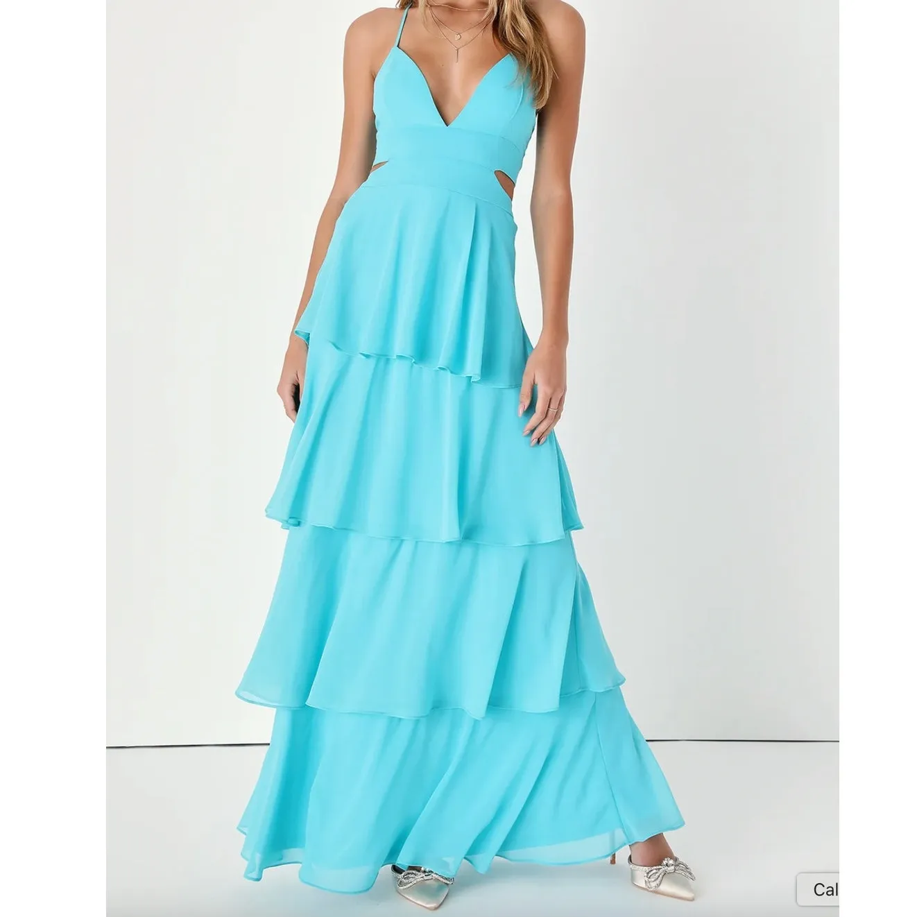 Lulus NWOT Tier and Now Blue Sash Tie-Back Tiered Plunging Cut-Out Maxi Dress - Image 3