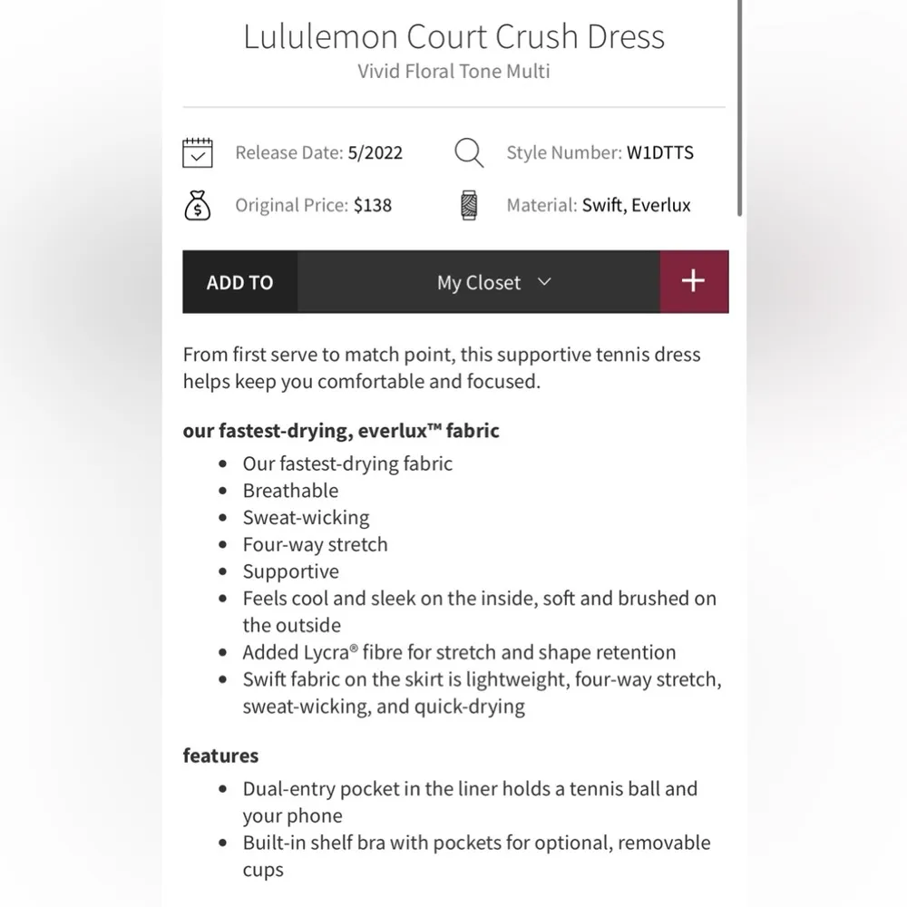 NWT Lululemon Court Crush Dress Vivid Floral Tone Multi  Size 4 short under - Image 13