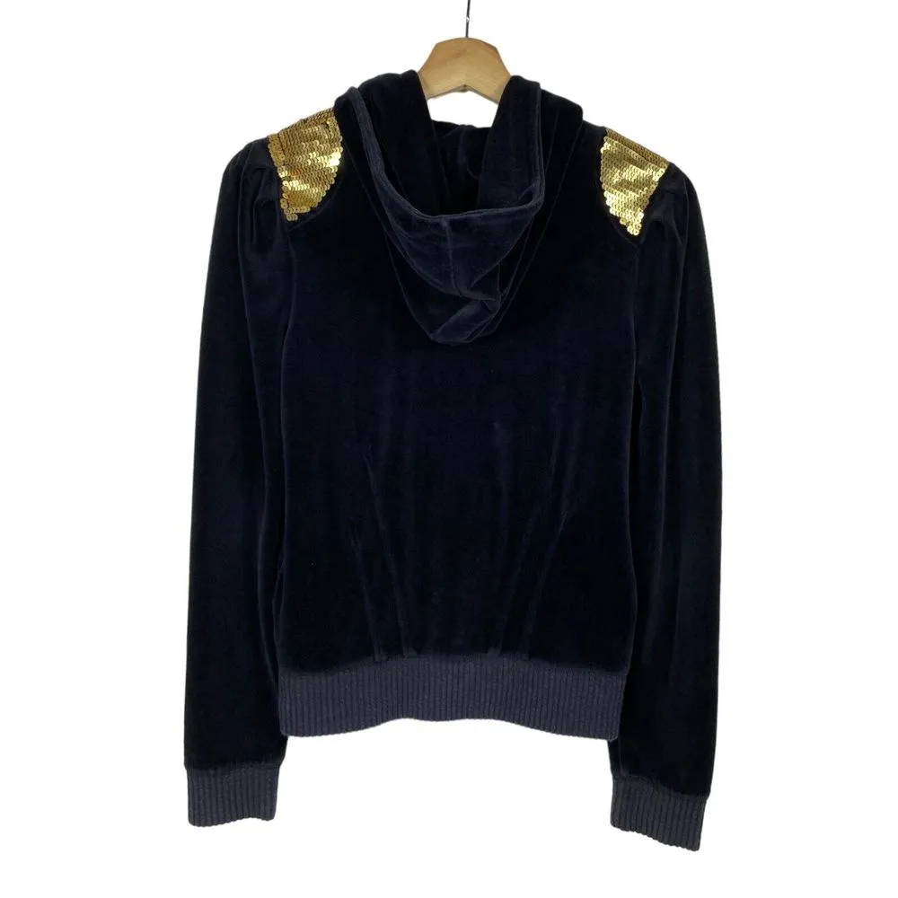 Vtg Juicy Couture Y2K Velour Hoodie Track Jacket Black Full Zip M Gold‎ Sequins - Image 2