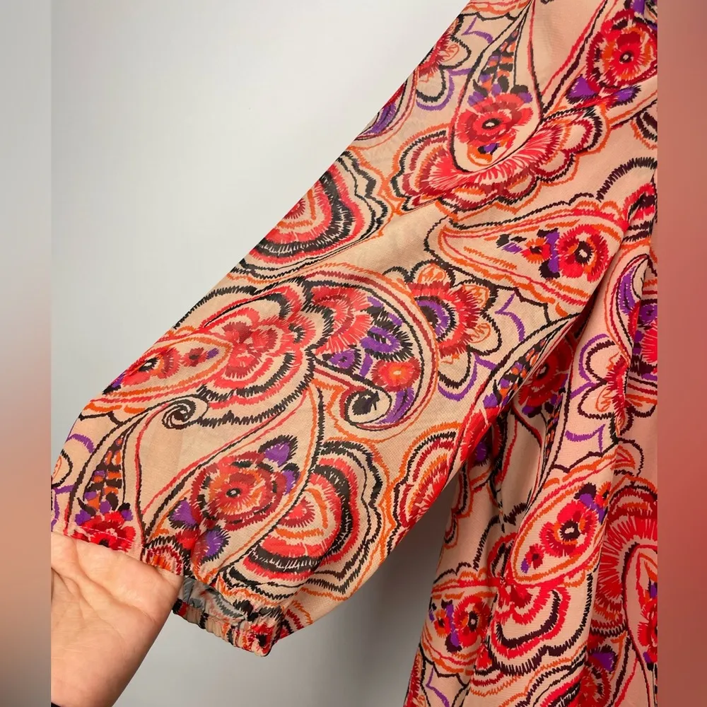 Rabbit Design Tan Purple‎ Red Paisley Boho 3/4 Sleeve Babydoll Mini Dress Size 12 - Image 4