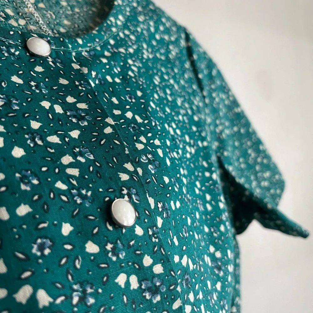 Vintage 70s Teal Floral Snap Button Romper Shorts M Medium Cottagecore Green - Image 5