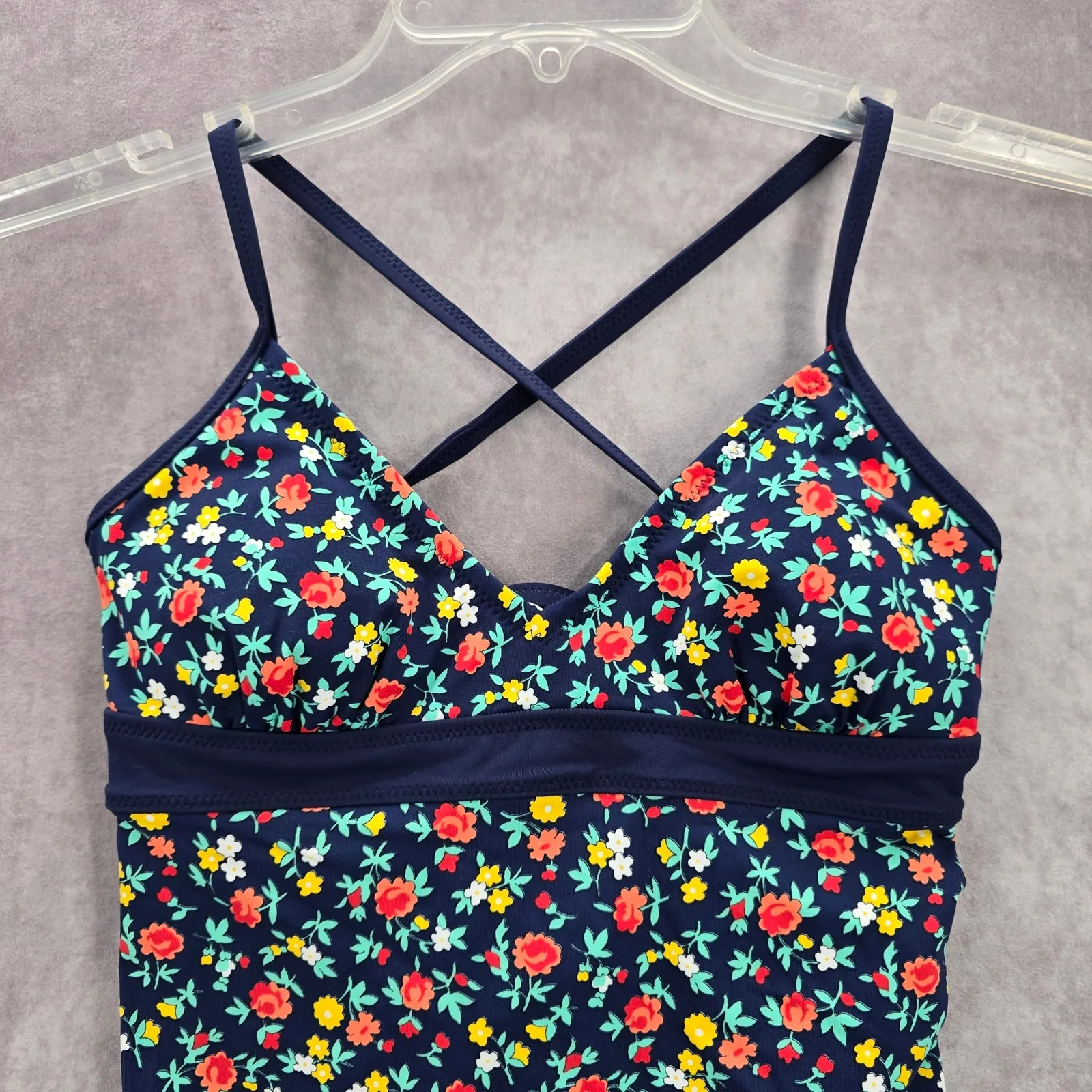 Lands' End Blue Floral Crisscross Tie Padded‎ Swimwear Tankini Tank Top Small 4 - Image 3