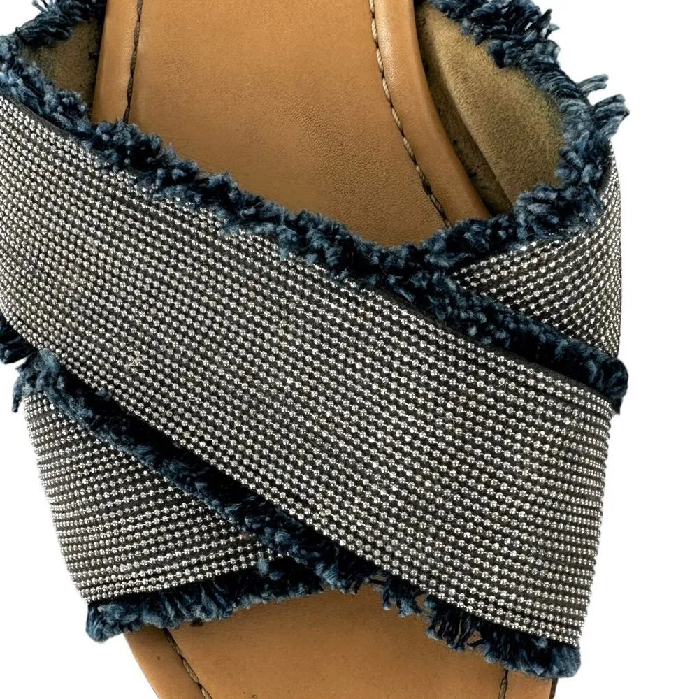 Stuart Weitzman Edgedout Glitter & Blue Denim Fringe Sliders Sandals Size 10 - Image 3