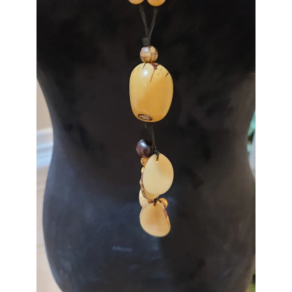 Women's Long Tribal Style Beaded Necklace With Natural Wood And Seed Beads Gold - Image 3