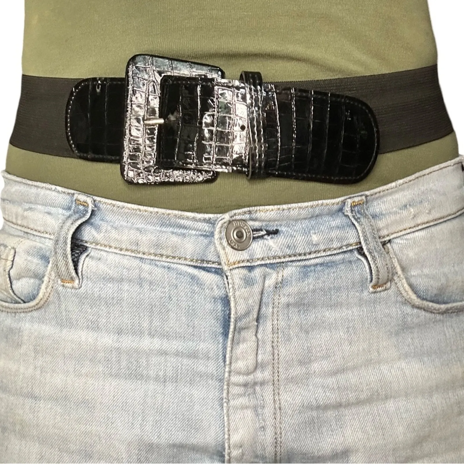 Vintage 80’s Black Patent Leather Faux Croc Buckle Stretch Belt - Image 3