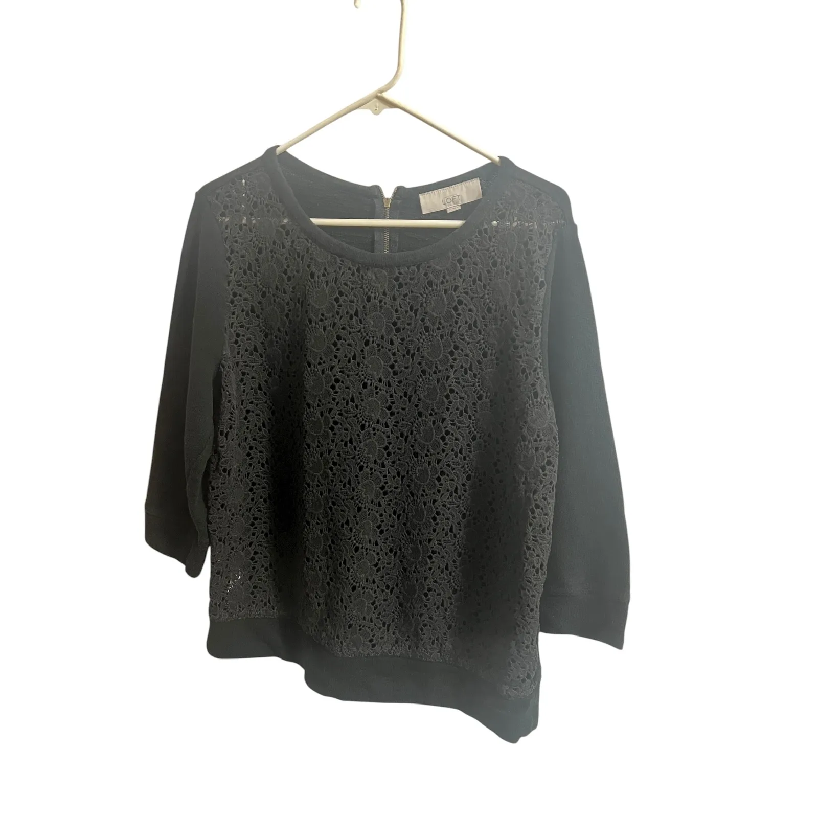 Ann Taylor LOFT Black Lace Front Sweater Top Womens XL Knit Crochet Cotton - Image 2