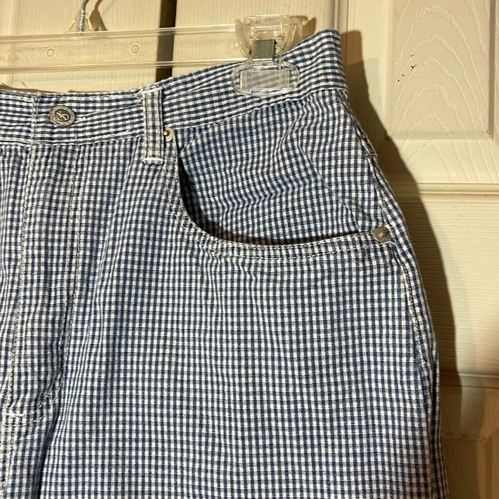Vintage Kikomo Blue White Checkered Print Denim Shorts 1990s 28 Inch Waist - Image 4