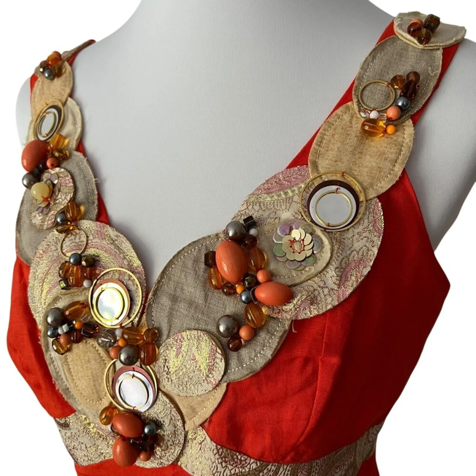 Vintage Medium Dress Y2K Cocktail Paris Beaded Linen Large Rene Derhy RARE Boho Orange - Image 8