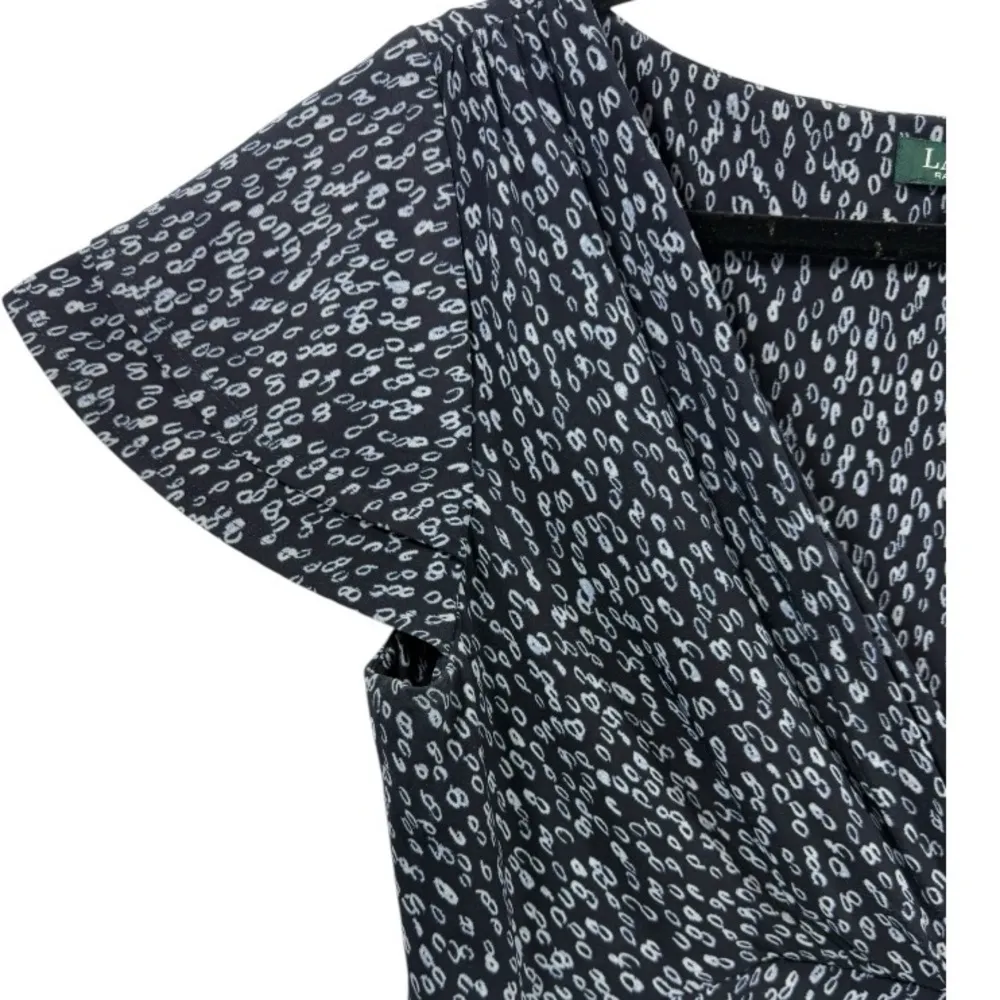 Lauren Ralph Lauren Brisa Falling Water Flutter Sleeve Faux Wrap‎ Dress Navy 14 - Image 9