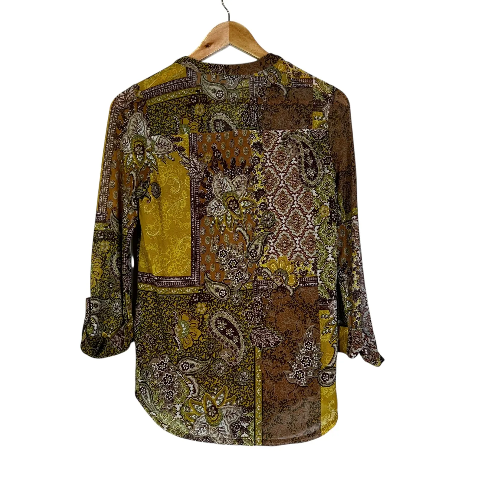 Ava & Grace Patchwork Paisley Collared Button Shirt Women Size S Yellow Brown - Image 4