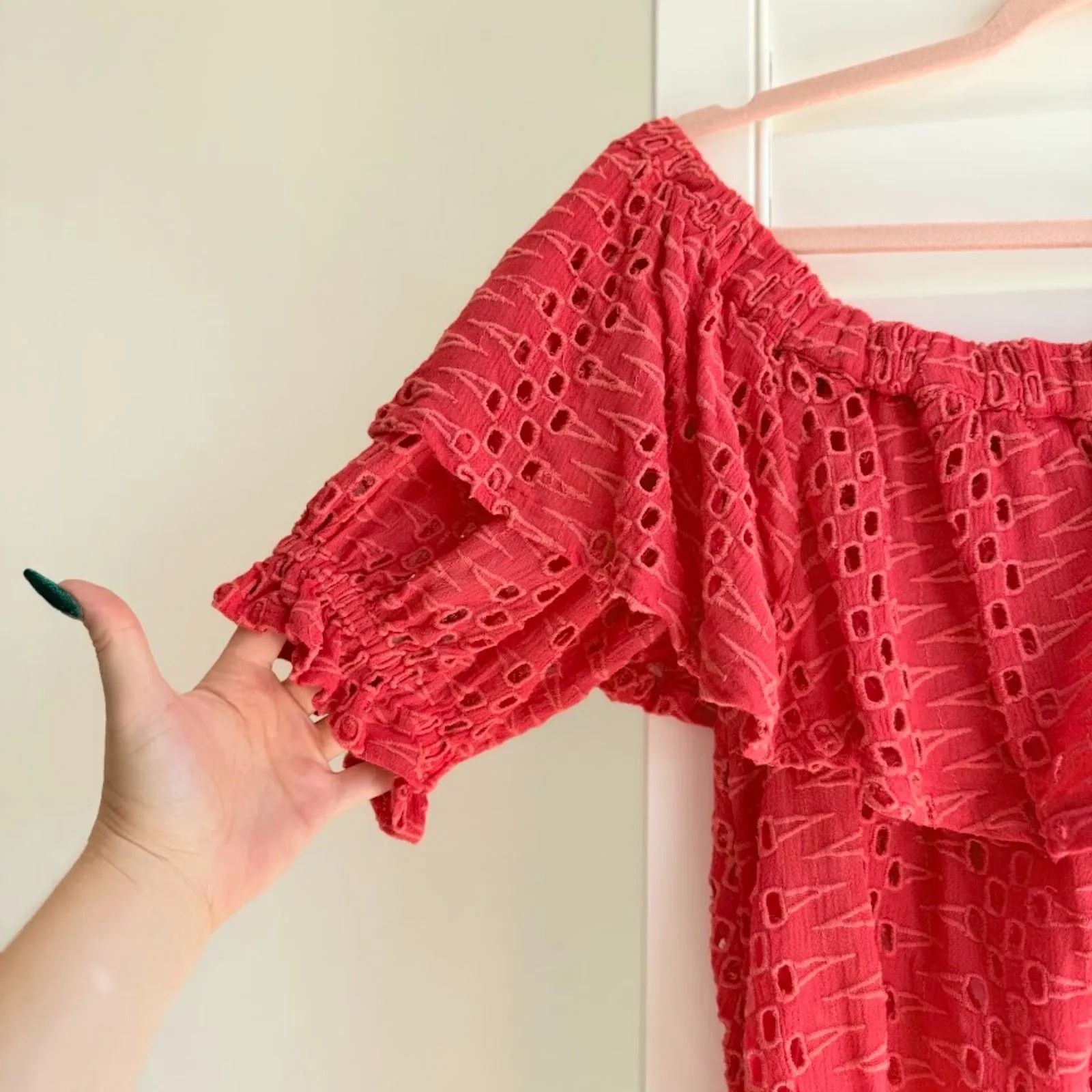 Free People 'That Girl' Eyelet Ruffle off the shoulder Crop Top in Red size S - Image 3