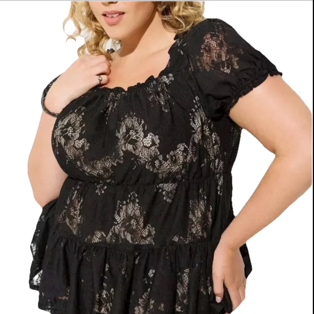 Torrid Top Babydoll Lace Tiered Ruffle Puffed Short Sleeve Boho Black Nude Tan - Image 2