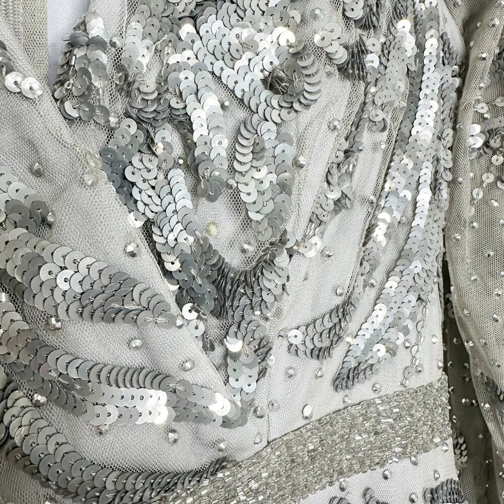 Mac Duggal 5222 Sequined Faux Wrap Split Long Sleeve Gown Platinum 6 $598 NEW - Image 7