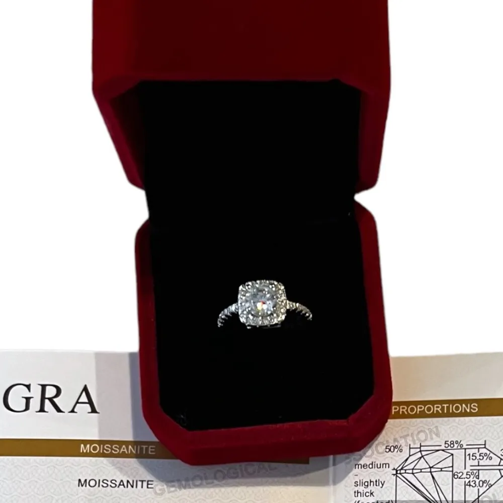 NEW 1ct. Center Stone Moissanite Halo Engagement Ring Total 2ct. w. Accents Silver Size 6 - Image 7