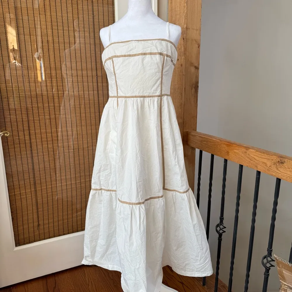 LALAVON 100% cotton Chic Ivory Spaghetti Strap Dress with Tan Piping new - Image 7