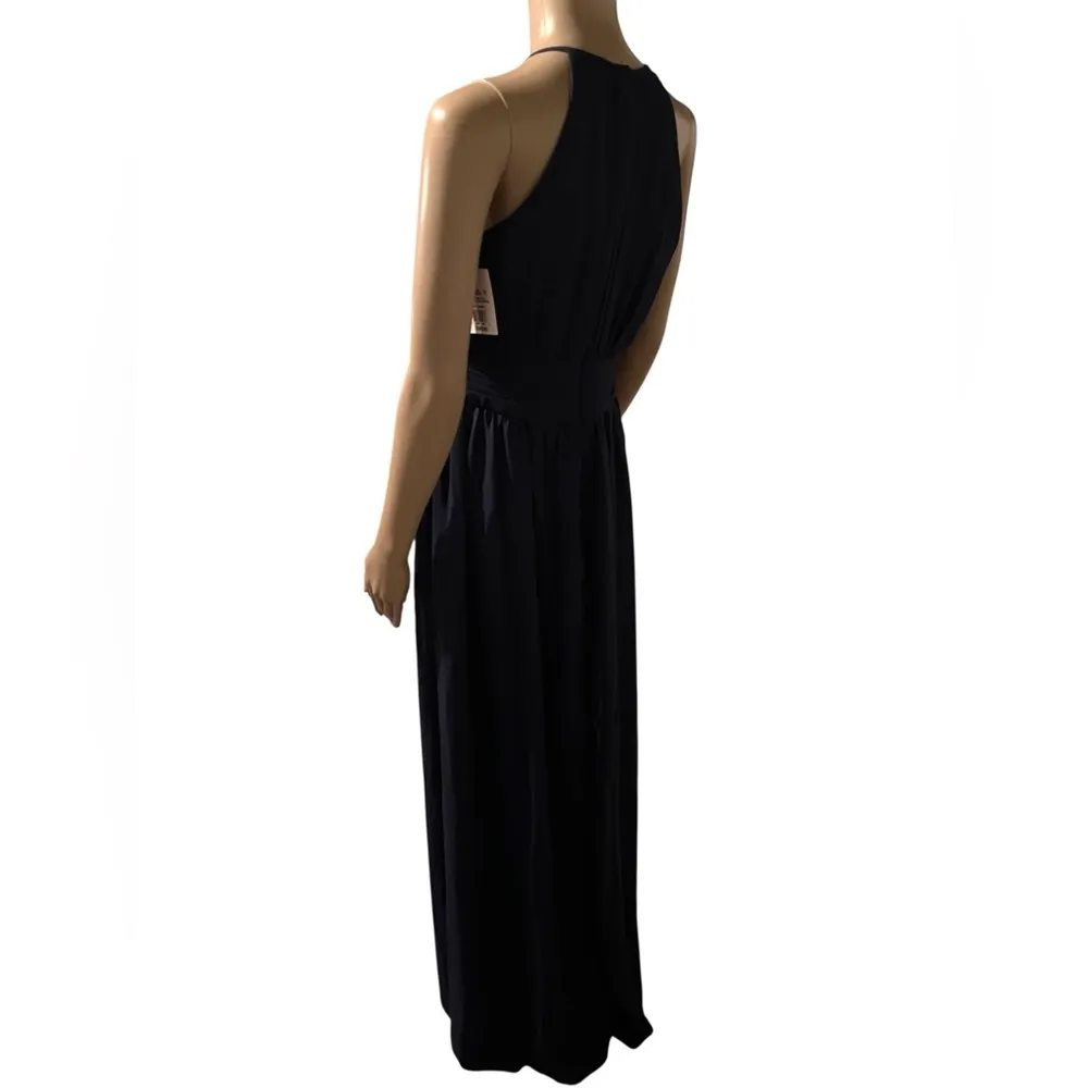 Celebrate by DB Studio High Neck Pleated Chiffon Gown Keyhole Front Marine 8 Blue - Image 2