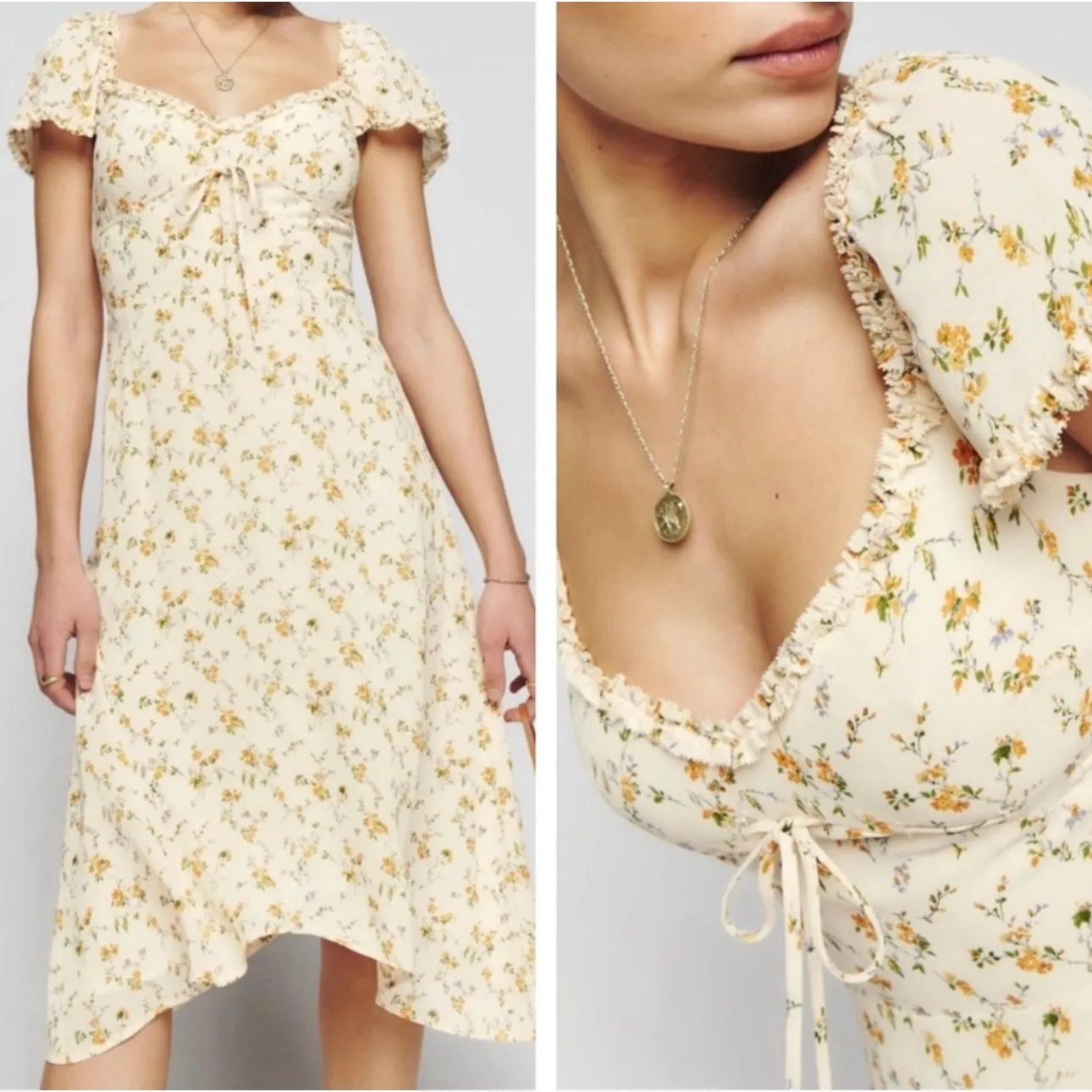 Reformation Midi Dress Yellow Floral Sweetheart Neckline Cap Sleeve - Image 2