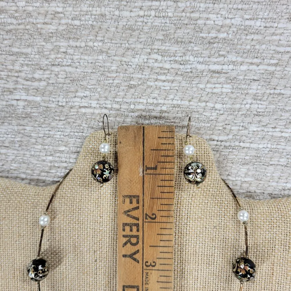 Tensha Bead Freshwater Pearl Jewelry Handpainted Spaced Necklace Earrings Japan Black - Image 14