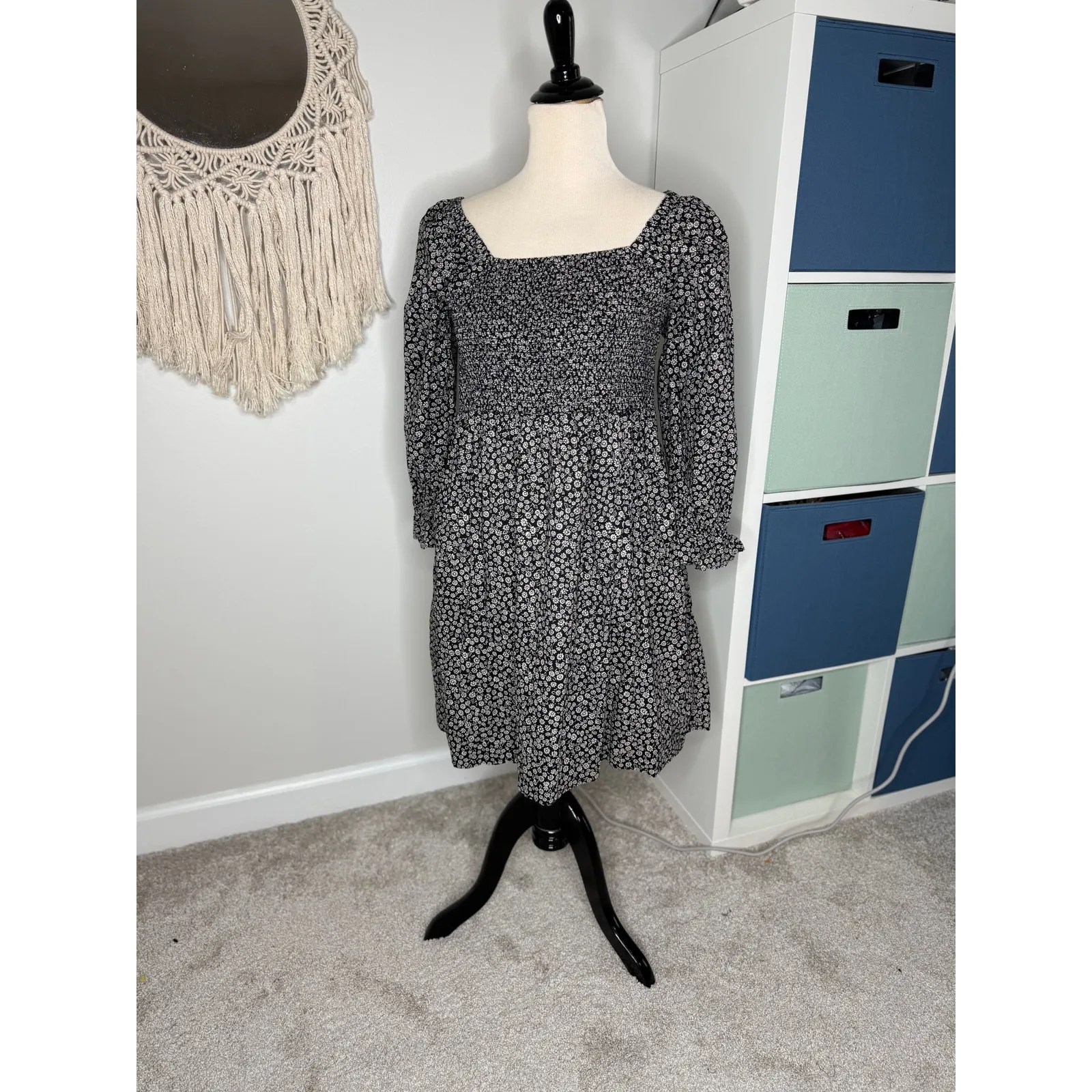 Madewell Lucie Elbow Puff Sleeve Smocked Mini Dress Black White Ditsy Floral M - Image 2