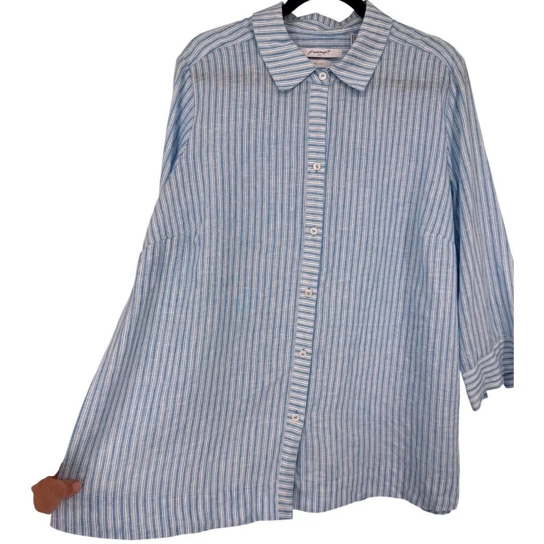 Foxcroft Harley Linen Blue White Striped 3/4 Sleeve Button Down Shirt Size 16W - Image 10